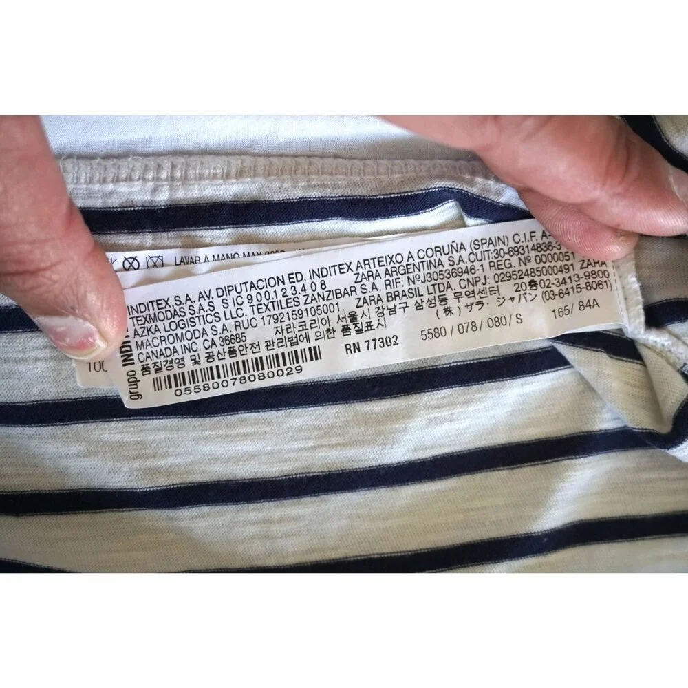 Zara Trafaluc Women's Navy Cream Striped Boxy Tee - Size S - Picture 3 of 4